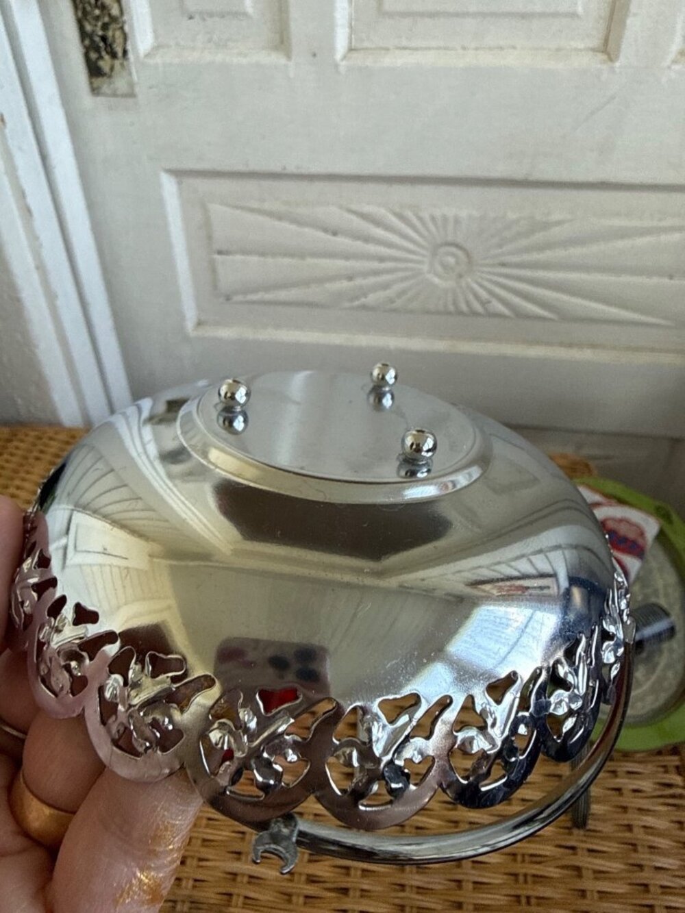 Vintage 1950s England Chrome Ruby Red Glass Condiment Dish Clam Shell Spoon - Picture 5 of 10